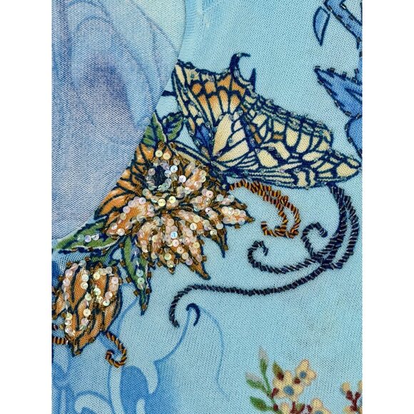 Vtg Alberto Makali Embroidered Floral Beaded Sequin Blue Knit Top M | Boho Indie - Picture 15 of 16